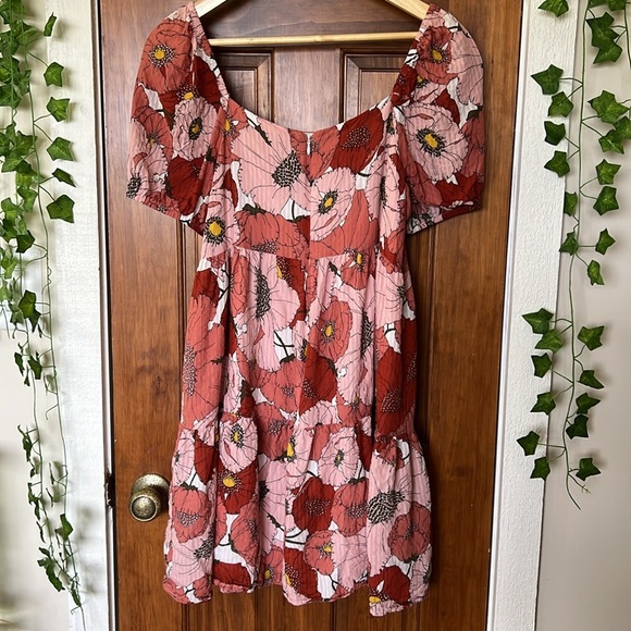 LOFT Poppy Square Neck Puffed Sleeve Tiered Mini Dress in Coral - Picture 2 of 9